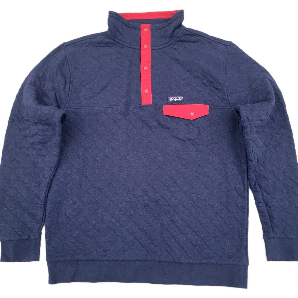Patagonia Mens XL Navy Red Organic Cotton Sweater Quilt Snap-T Pullover